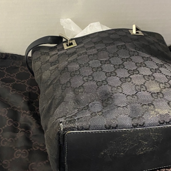 AUTHENTIC Gucci Black Monogram Canvas Tote Bucket Bag - Picture 7 of 11